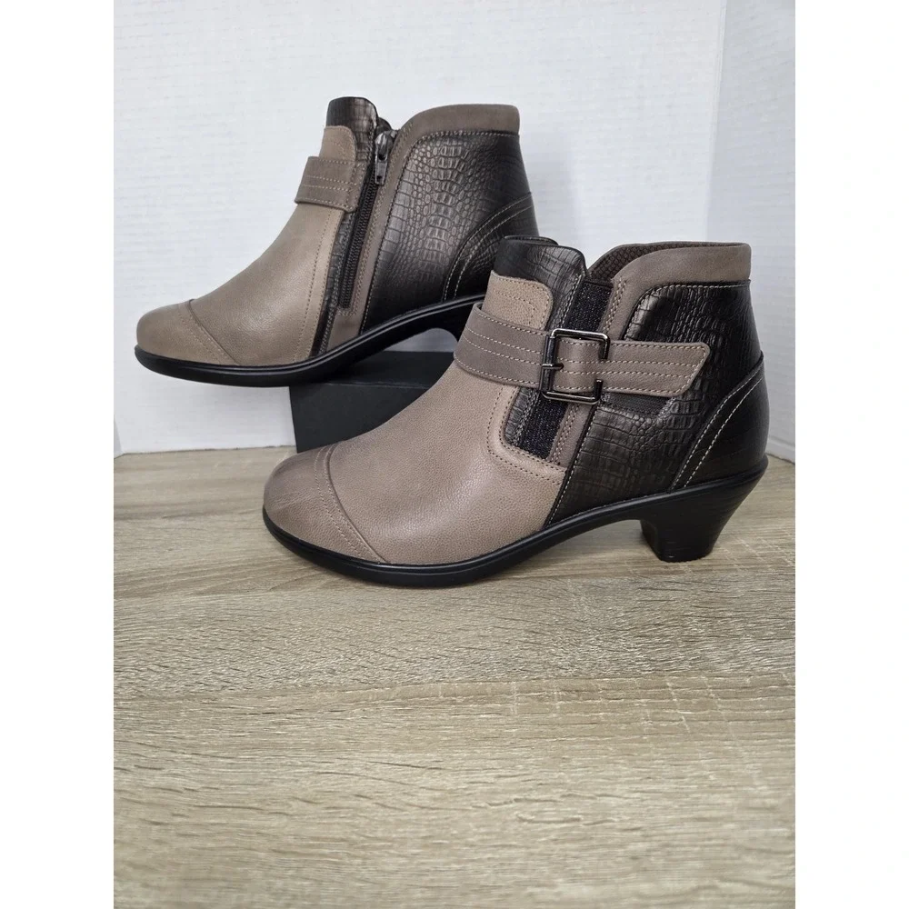 Orthofeet Bioheel Emma Ankle Boots Brown Taupe Leather Buckle Heel Size 9 X-wide - Picture 3 of 16